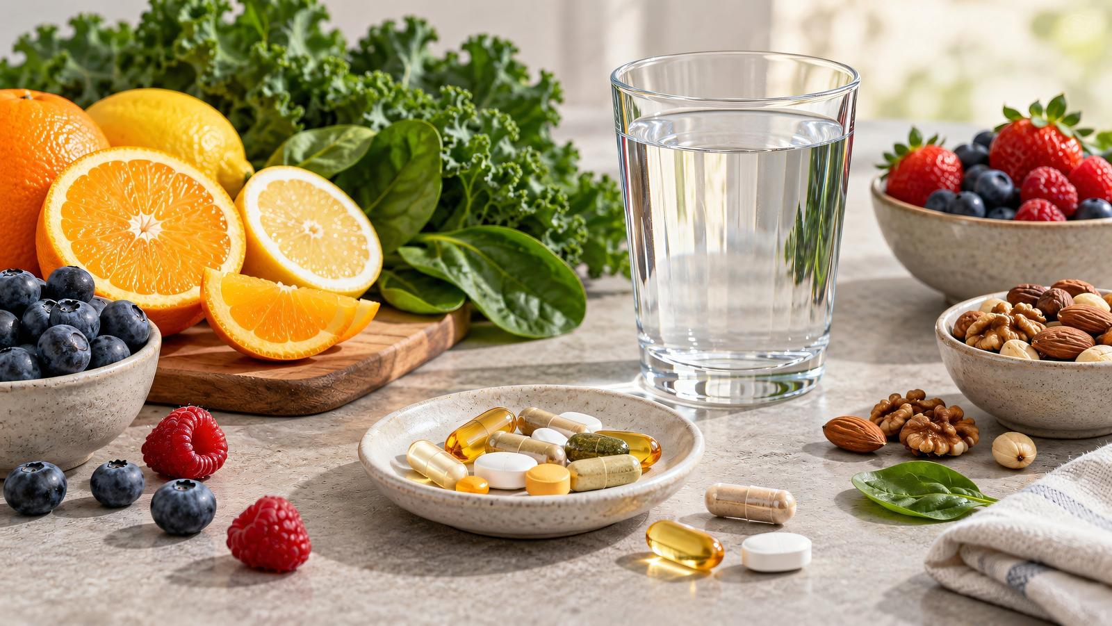 Supplements, fruit and a glass of water on a table