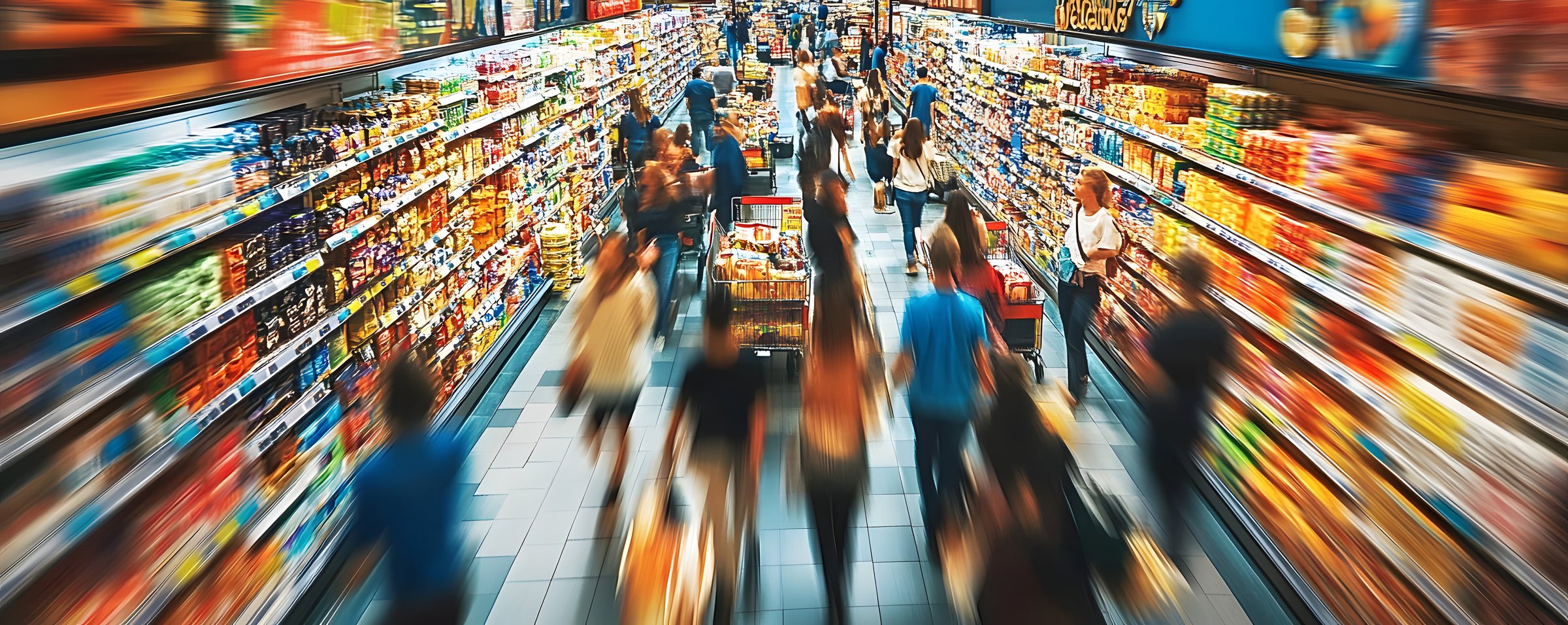 Shoppers moving through a busy supermarket aisle