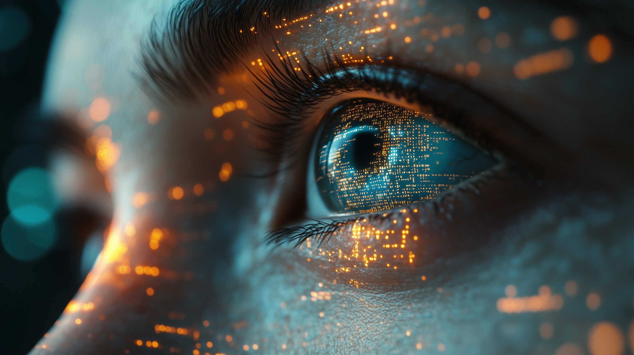 Close-up of an eye reflecting points of digital data