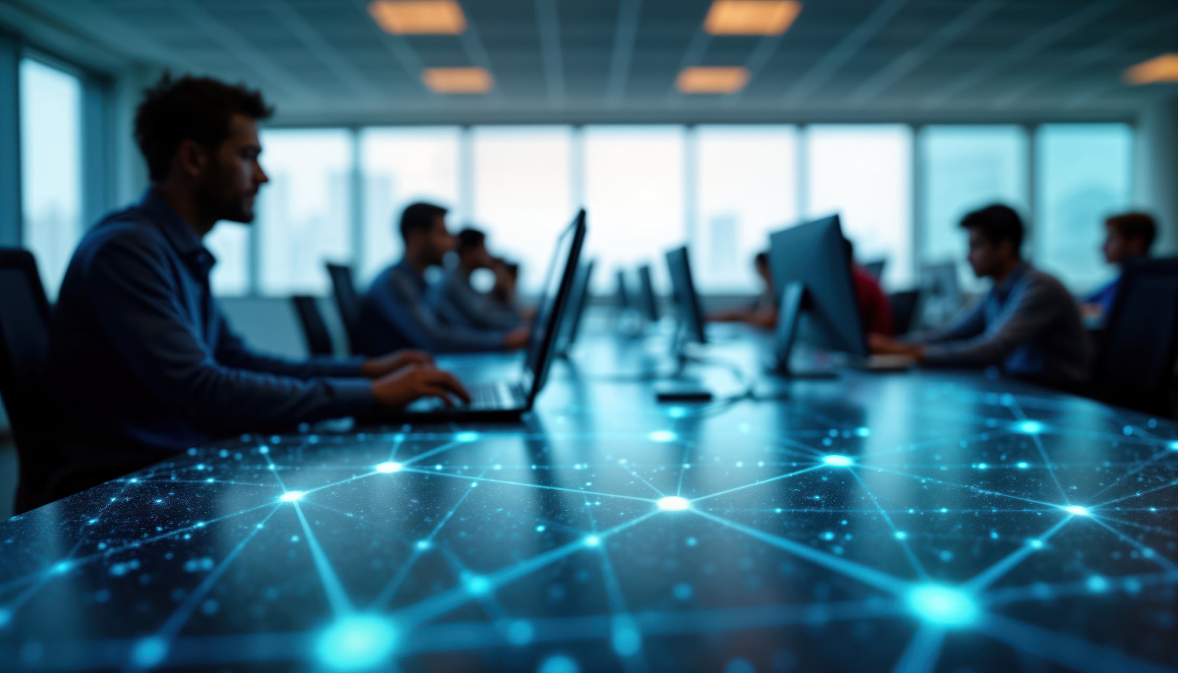 Analysts working at laptops above a glowing data network
